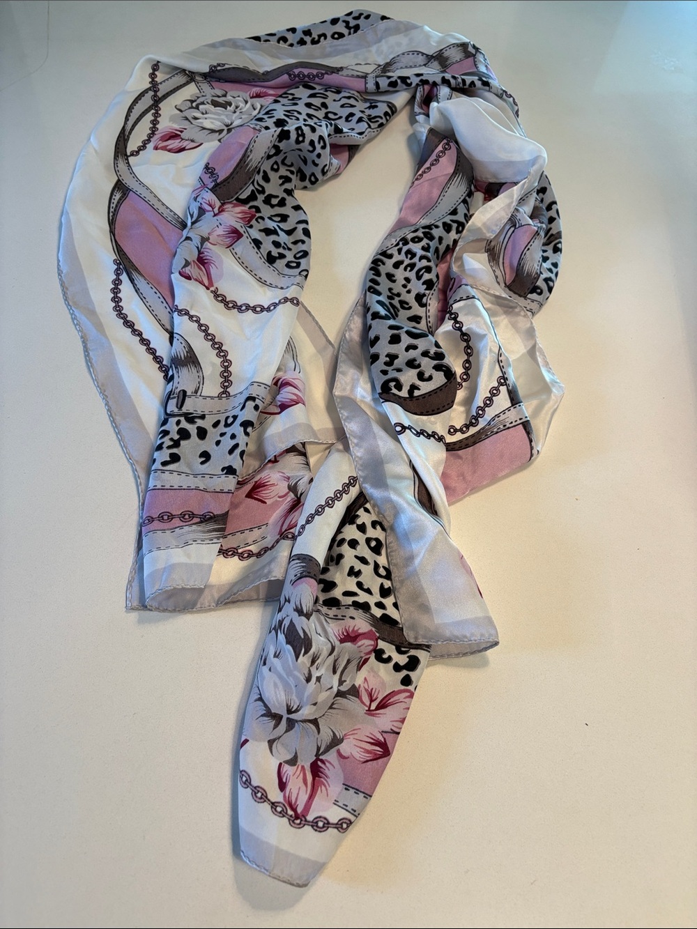 Vintage Sigi 100% Mulberry Silk Floral & Chain Print Scarf in White and Pink